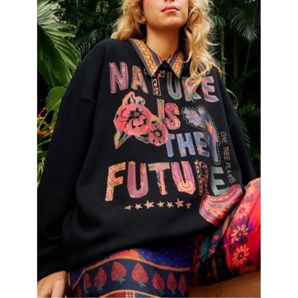 Farm Rio Nature Is The Future Sweatshirt XS Black Embroidered Graphic